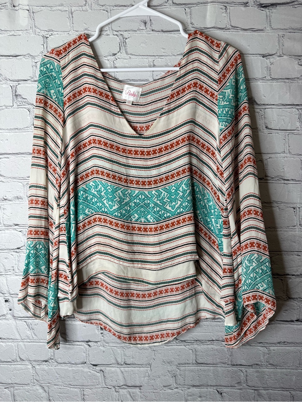 Parker Boho V-Neck shirt in Teal and Rust small